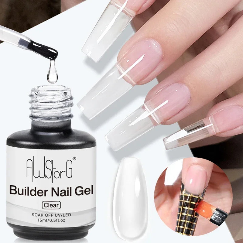 AWStorG 15ML Fiber Builder Nail Gel In A Bottle UV Semi Permanent Clear Pink Nail Strengthener Extension Construction Gel