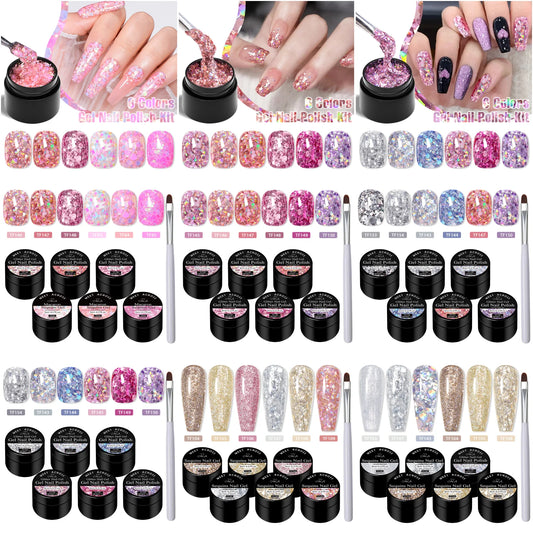 7pcs/set 8ml Sequins Gel Nail Polish Set Vibrant Pink Color Glitter Semi Permanent Soak Off UV LED Nail Art Varnish For Manicure