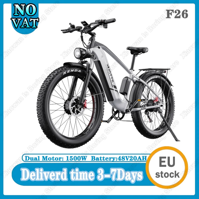 F26 Electric Bike 1500W Dual Motor 48V20AH Lithium Battery Aluminum Alloy Electric Bicycle 26*4.0-inch Fat Tire Mountain E-bike