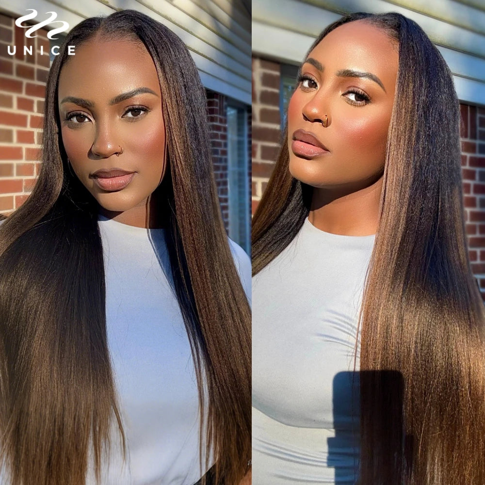 UNice Chestnut Brown Yaki V Part Wig 100% Human Hair Wigs With Drawstring Beginner Friendly Glueless Wig 150% Density