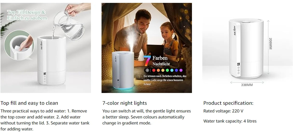 SEJOY Humidifiers for Bedroom Large Room Ultrasonic Air Humidifier for Baby Plant 4L Top Fill Smart Constant Humidity