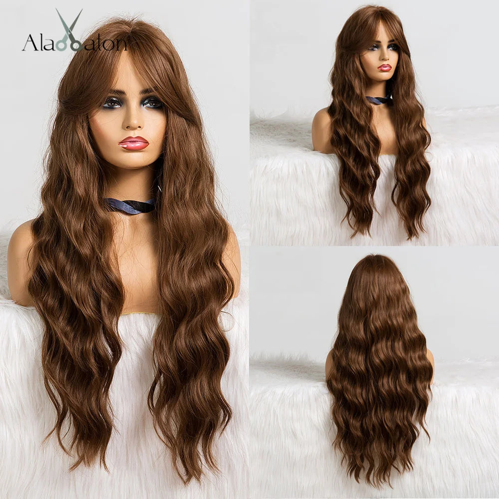 ALAN EATON Long Curly Wavy Synthetic Wigs for Women Brown to Blonde Ombre Hair Wig Ntural Middle Parted Party Wig Heat Resistant