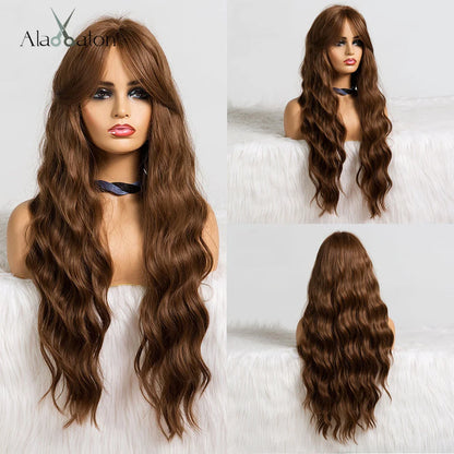 ALAN EATON Long Curly Wavy Synthetic Wigs for Women Brown to Blonde Ombre Hair Wig Ntural Middle Parted Party Wig Heat Resistant
