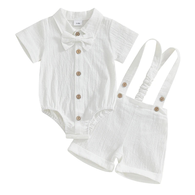 Toddler Baby Boy Gentleman Outfit Solid Color Short Sleeve Lapel Neck Romper with Suspender Shorts and Bowtie 3 Pcs Set