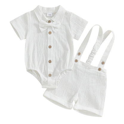 Toddler Baby Boy Gentleman Outfit Solid Color Short Sleeve Lapel Neck Romper with Suspender Shorts and Bowtie 3 Pcs Set