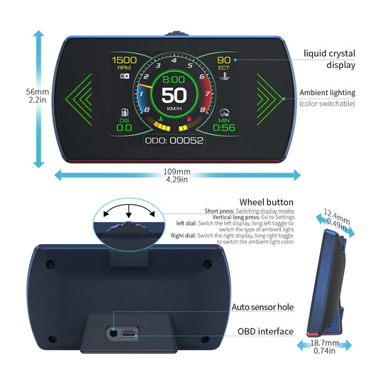 OBD2 Gauge P12 HUD Head Up Display Car Digital Auto Diagnostic Tools Digital Meter Speed RPM Water Temp Fuel consumption Voltage