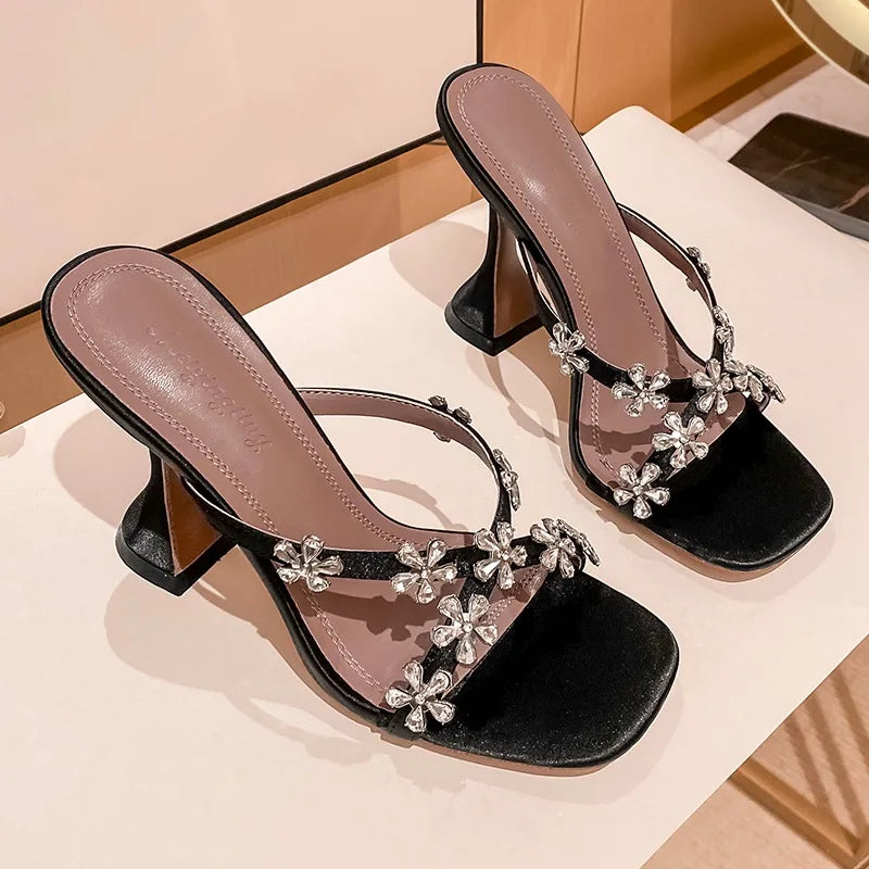 2024 New Summer Silver High Heels Women'S Crystal Flower Slippers Summer Beach Shoes