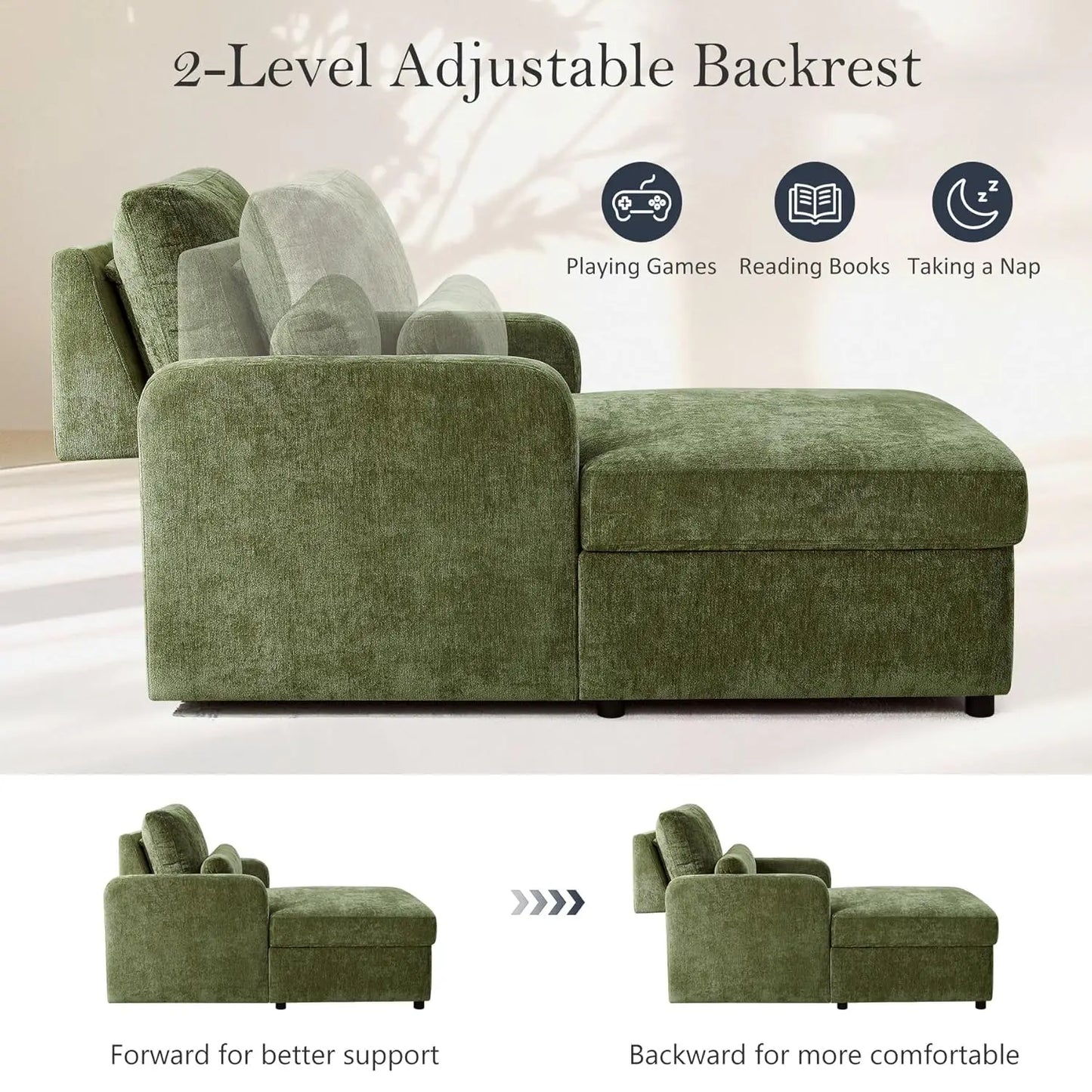 Chaise Lounge Chair Indoor with 2-Position Adjustable Backrest & Storage Space, Chenille Lounge Sofa Chair with 2, Customized