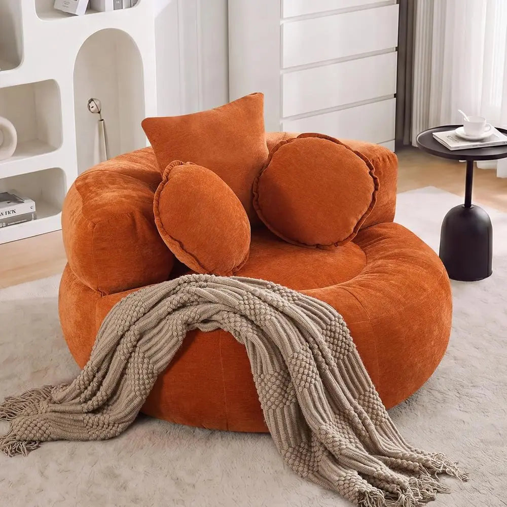 Oversized Round Sofa Chair in Orange Chenille, Deep Seated Cloud Couch, Bean Bag Accent Chair for Living and Bedroom