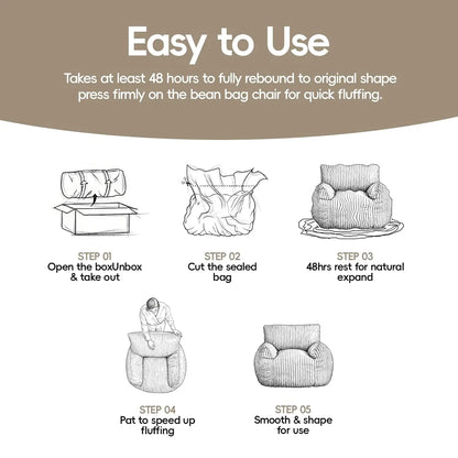 Adult Bean Bag Chair High Support Foam Cushion Corduroy Armrest Living Bedroom Gaming Gray Custom