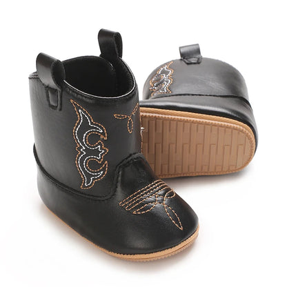 Leather Western Boots Cowboy Bootie Soft Sole Non-Slip Crib Shoes for Baby Infant Toddler Girls Boys Newborn