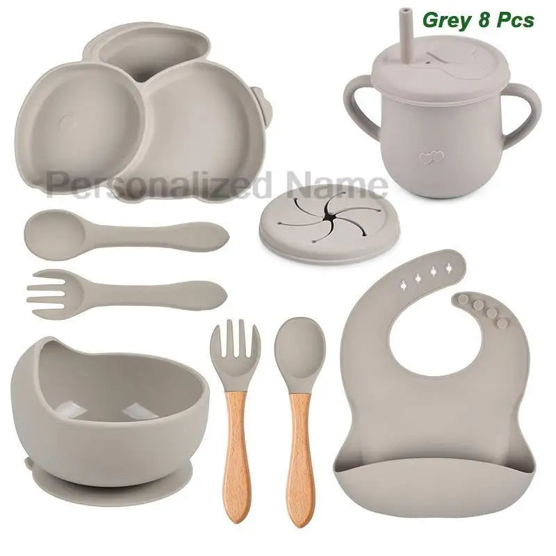 Free Personalized Name Baby Silicone Rabbit Divided Plate Set Baby Feeding Dishes BPA Free Bowl Plate Bibs Spoon Fork Sippy Cup