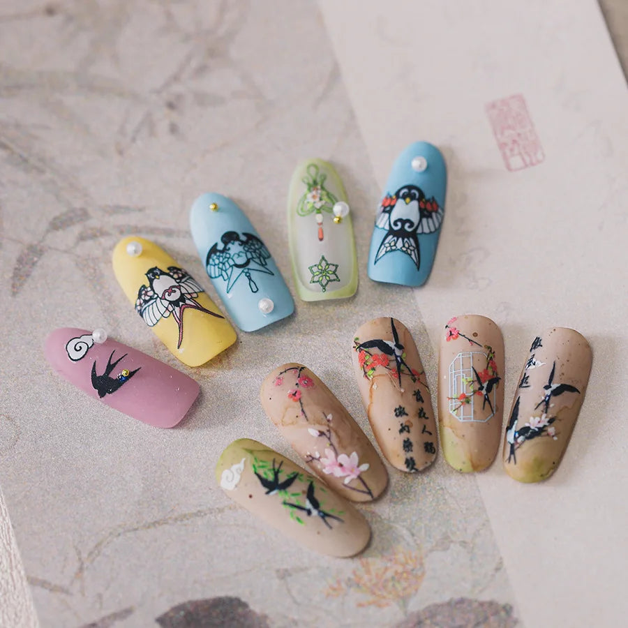 Nail Stickers Women Chinese Style Kite Swallow Bird 5D Decorations Slider Self Adhesive Nail Art Ornament Decals Sccessories DIY