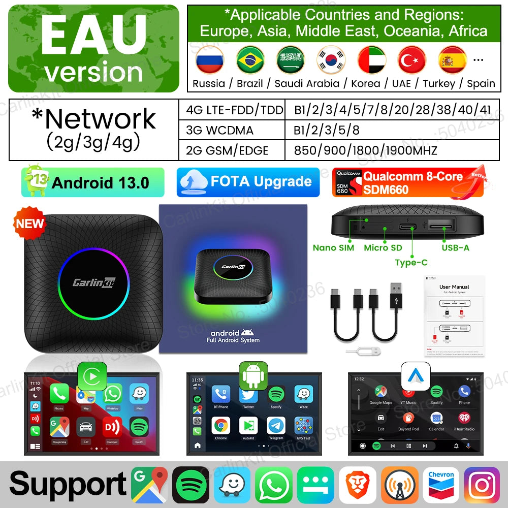 CarlinKit Android 13 SDM660 6225 CarPlay Ai Box LED 8-Cores Wireless Android Auto& CarPlay Car USB Adapter 64G 128G FOTA Upgrade