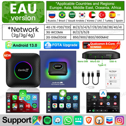 CarlinKit Android 13 SDM660 6225 CarPlay Ai Box LED 8-Cores Wireless Android Auto& CarPlay Car USB Adapter 64G 128G FOTA Upgrade