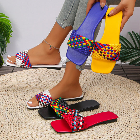 Women Slippers Summer Fashion Beach Mules Casual Indoor Home Slippers Selling Sexy Braided Square Toe Flat Sandals Slides Women