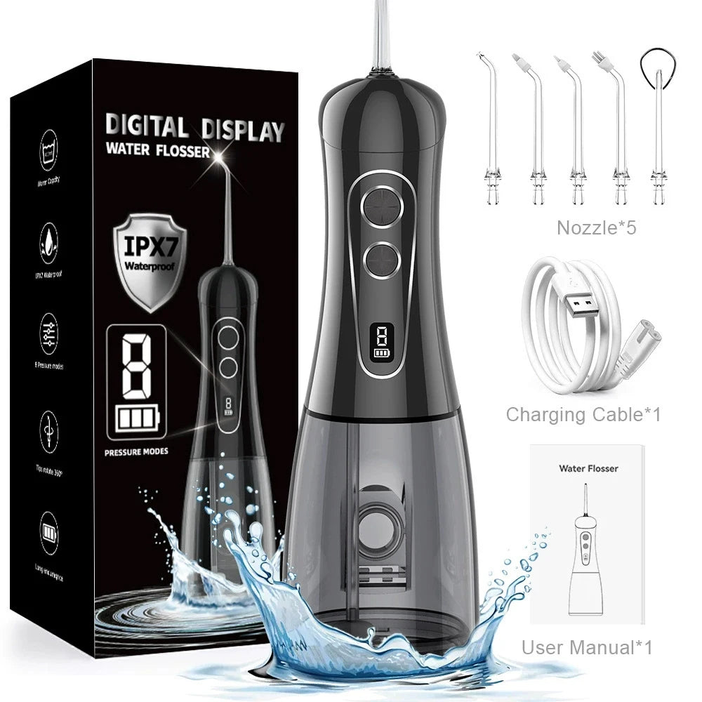 Electric Oral Irrigator 8 Modes Portable Water Flosser Rechargeable Waterproof Mouth Washing Machine 5 Jet Tips 400ML Water Tank