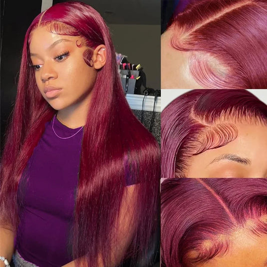 99J Burgundy Lace Frontal Wig 13x6 Straight Lace Front Wigs Human Hair HD Transparent Lace Wig Human Hair Pre Plucked Red Color