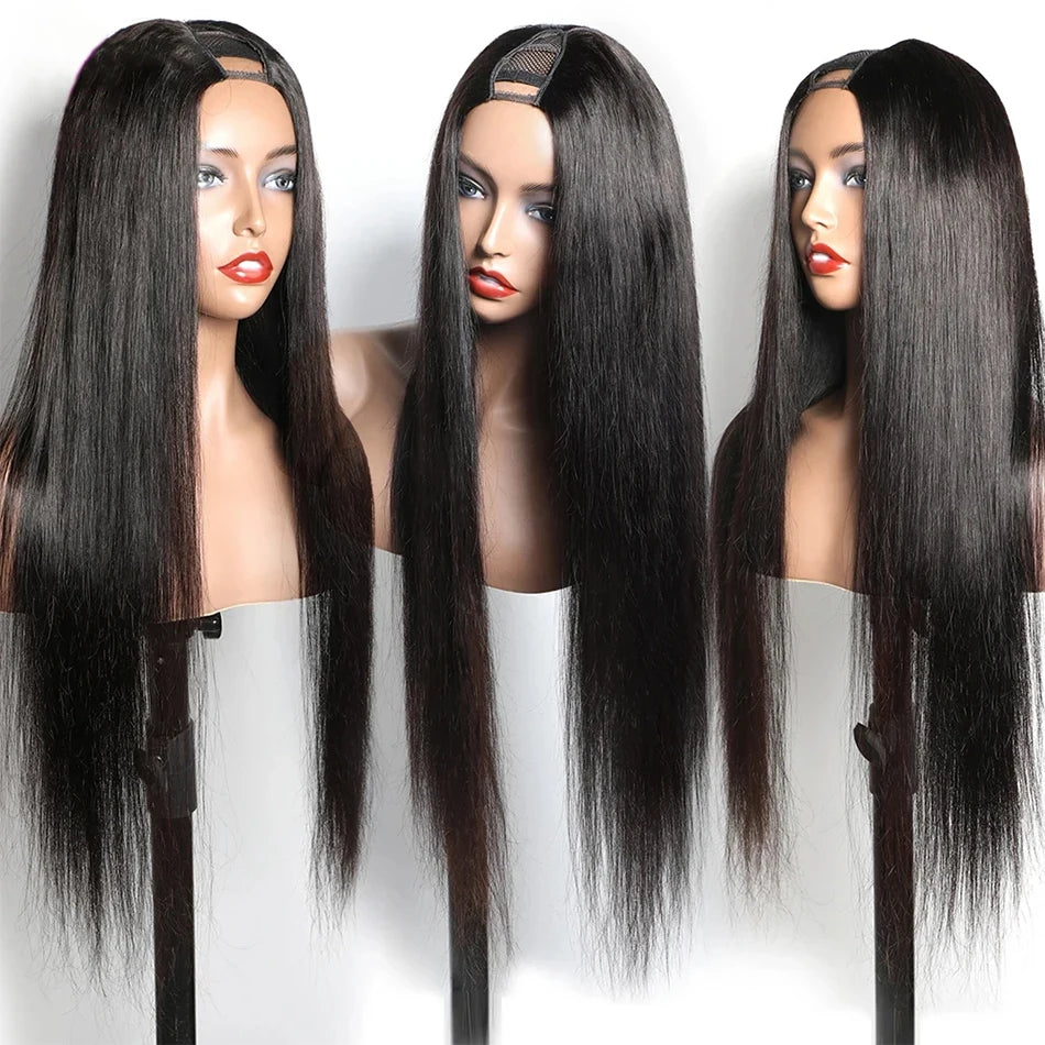 FUGANGXIU U Part Straight Wigs Human Hair No Leave Out 30 inches Glueless Wig Brazilian Hair Straight U Part Wig Natural Color