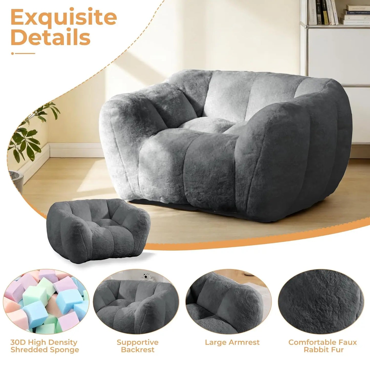 Giant Fluffy Bean Bag Chair with Armrest Ultra Soft Faux Fur Loveseat Floor Chair Living Room Bedroom Grey Customized