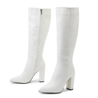 Sexy Pointed Toe Side Long Zipper Knight Boots Fashion Soft Leather Knee-high Women Boot Square High-heeledclub Dance Party Shoe