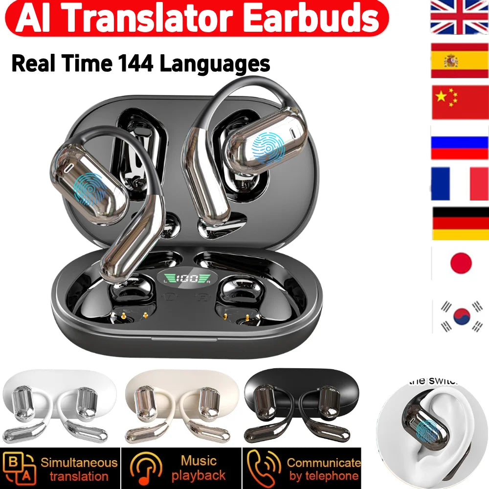 Wireless BT Language Translator Earbuds 144 Languages Ai Translating Earbuds Headphones 3-in-1 for Travel Business and Learning