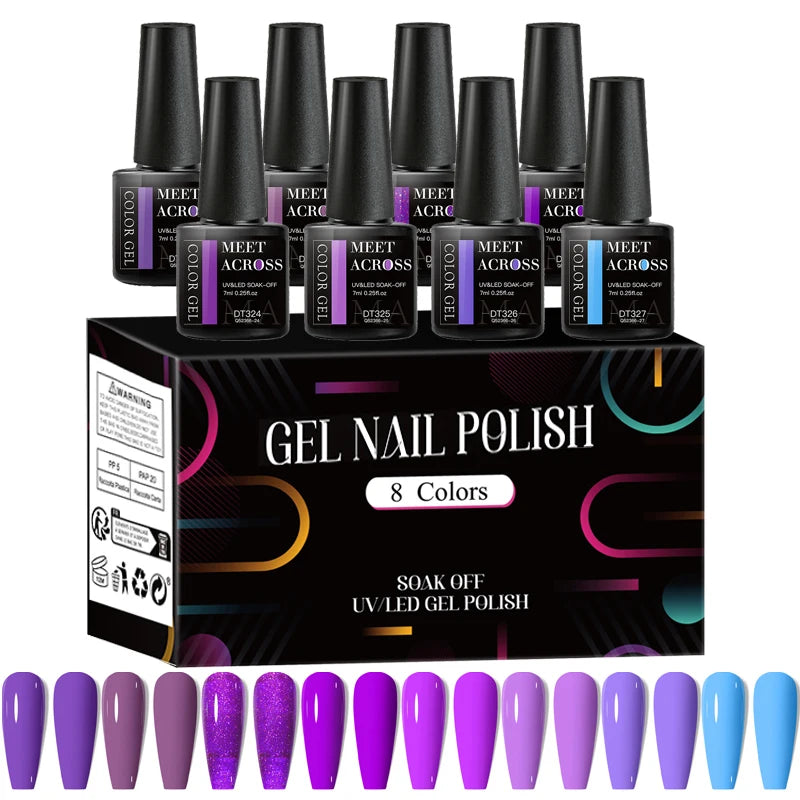 MEET ACROSS 8Pcs/Set Red Pink Gel Nail Polish Spring Colorful Laser Nail Art Gel Varnish Nail Supplies Manicure For Nails