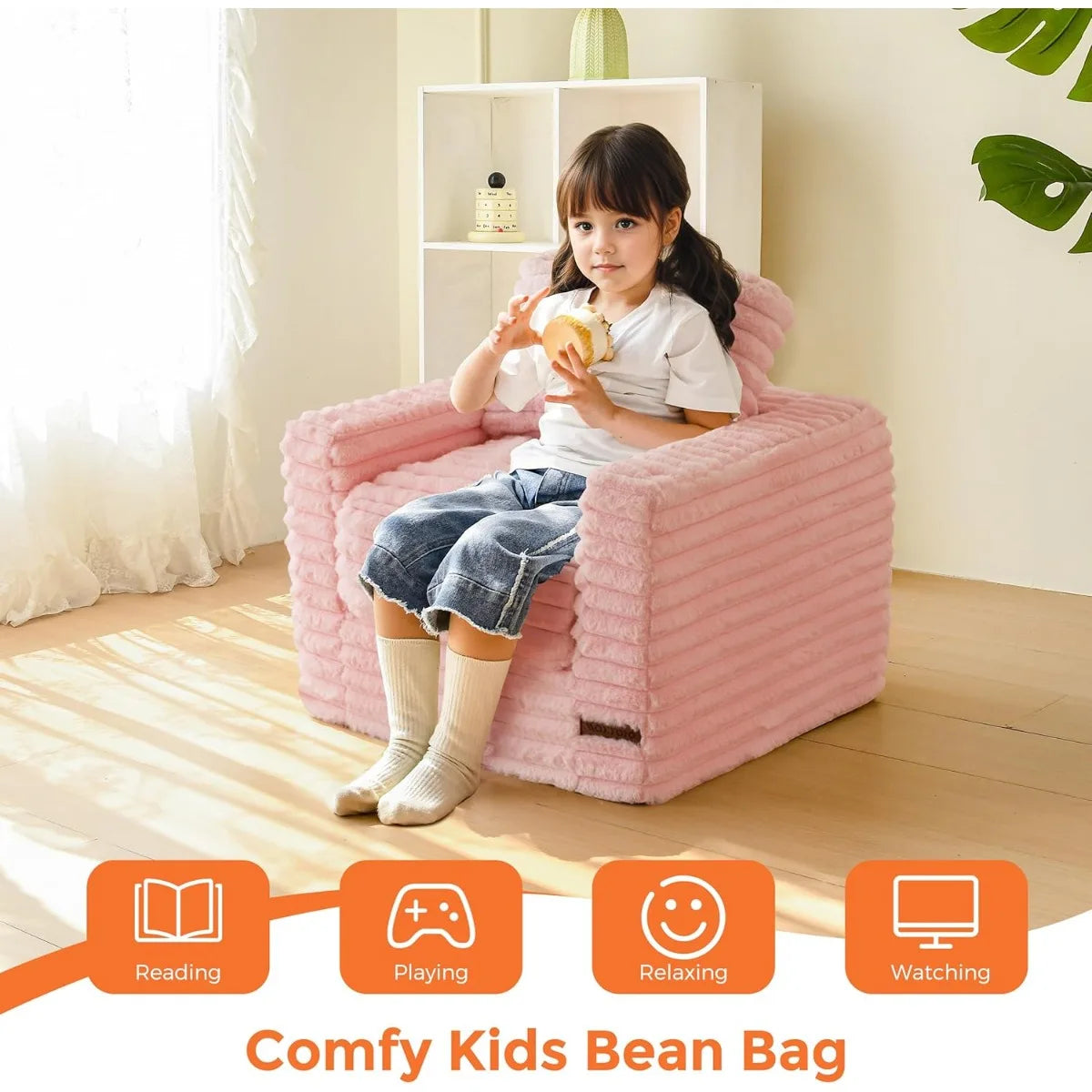 Kids Bean Bag Chair, Comfy Faux Fur Bean Bag Sofa with Filler, Upholstered Floor Sofa with Pillows and Armrests, Lazy Floor Chai