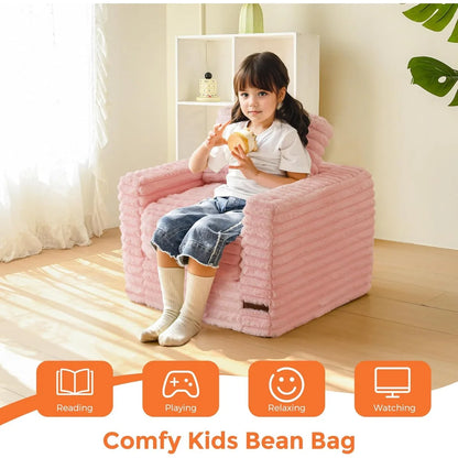 Kids Bean Bag Chair, Comfy Faux Fur Bean Bag Sofa with Filler, Upholstered Floor Sofa with Pillows and Armrests, Lazy Floor Chai