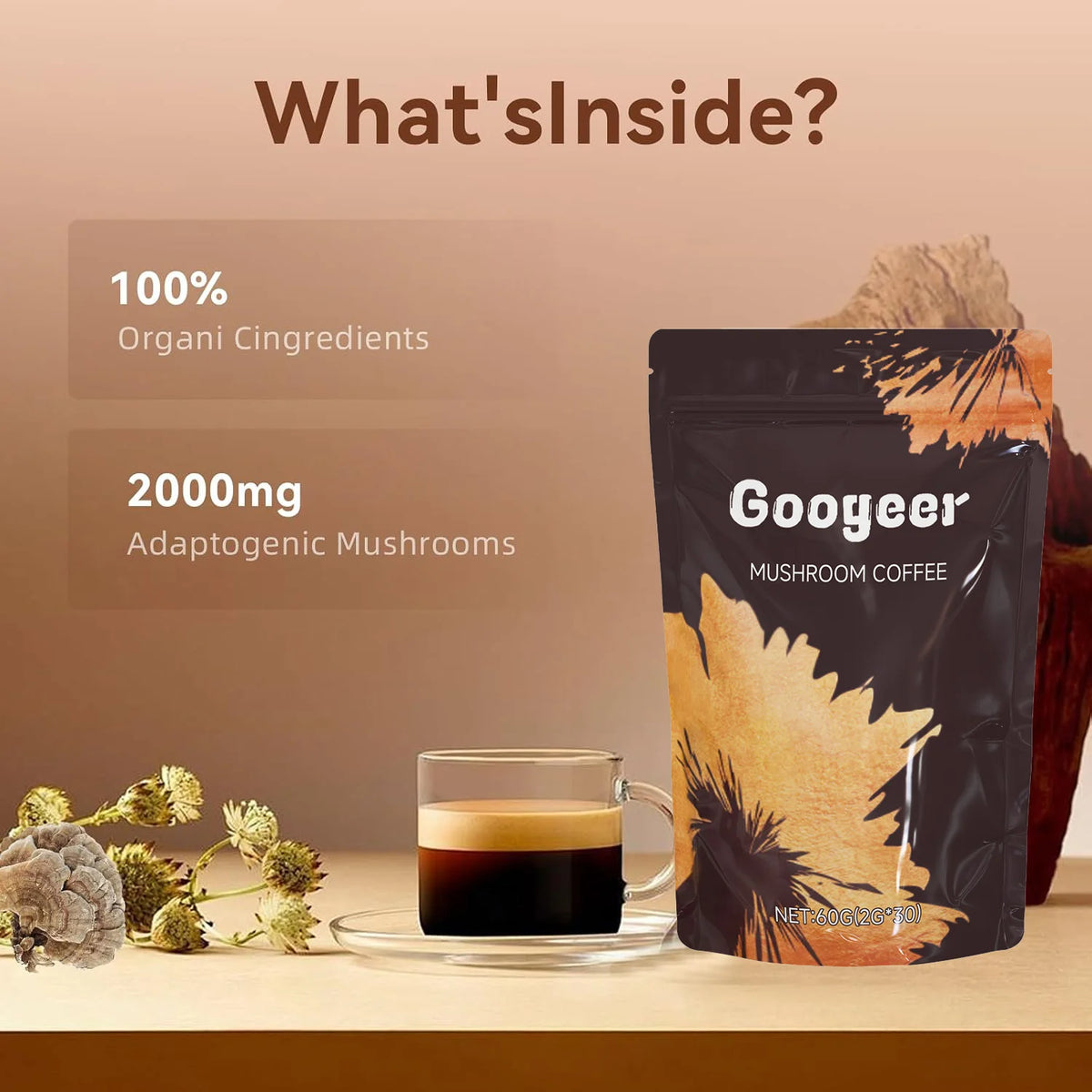 Organic Mushroom Coffee Powder with 6 Adaptogenic Mushrooms & MCT Oil – Instant Coffee Blend for Energy, Focus, Digestion & Immune Support 60g