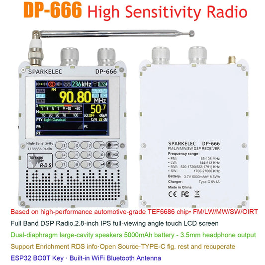 DP-666 TEF6686 Radio High Sensitivity Full Band FM AM LW MW SW Shortwave ESP32 RDS 2.8inch IPS Touch LCD Screen DSP Radio