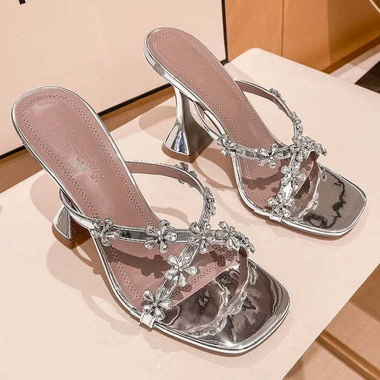 2024 New Summer Silver High Heels Women'S Crystal Flower Slippers Summer Beach Shoes