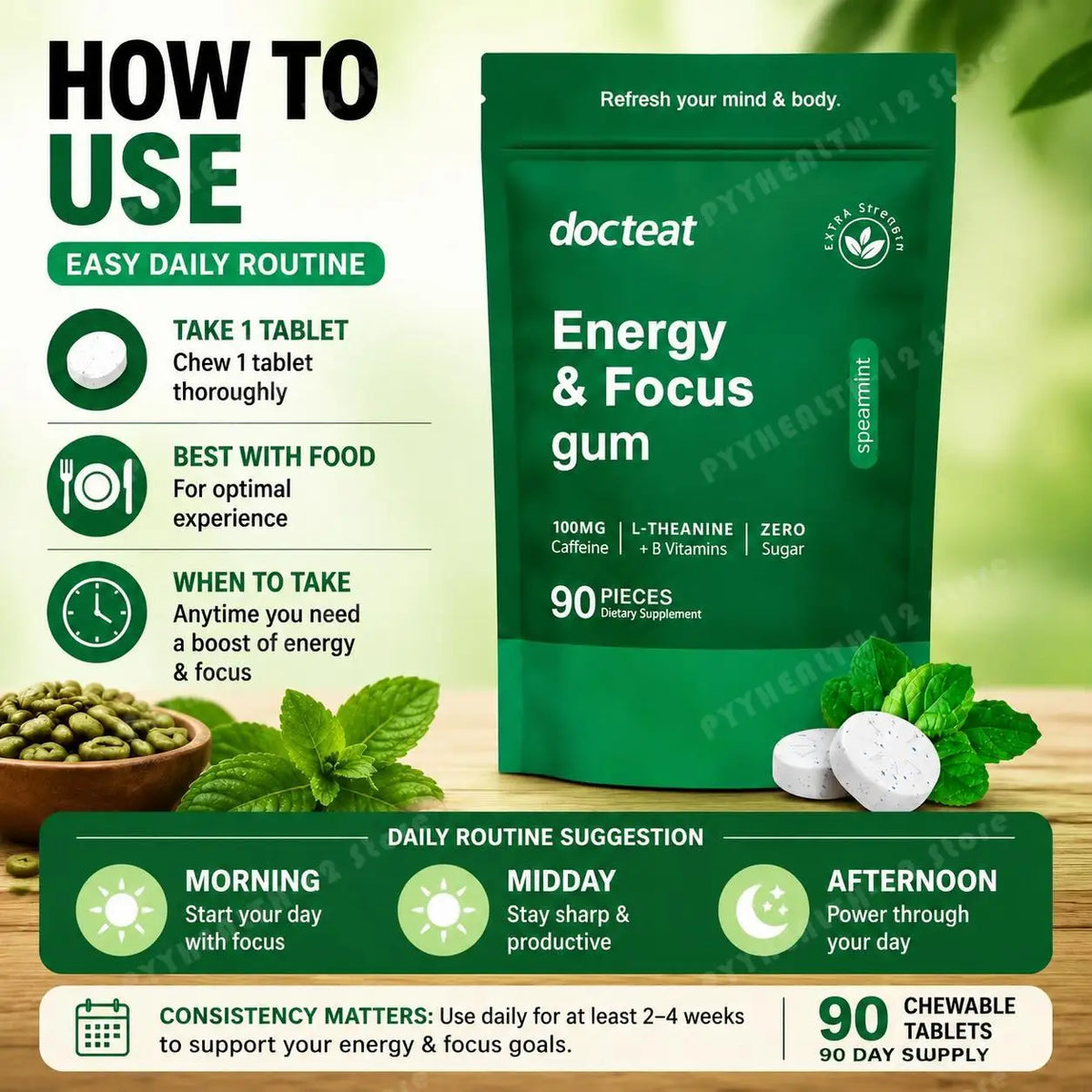 Docteat Energy & Focus Gum Chewable Tablets Zero Sugar with Green Coffee Extract, L-Theanine, Vitamin B6+B12 90 Chewable Tablets