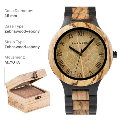 BOBO BIRD Men's Wood Watch with Genuine Leaf, Original Wooden Clock, Customized Watch, Handmade Watch, Anniversary Gift for Man