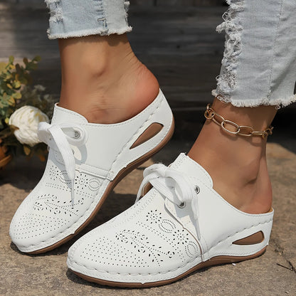 Stylish Womens Solid Color Wedge Heeled Sandals - Comfortable Slip-On Platform Shoes with Faux Leather Upper and Rubber Sole