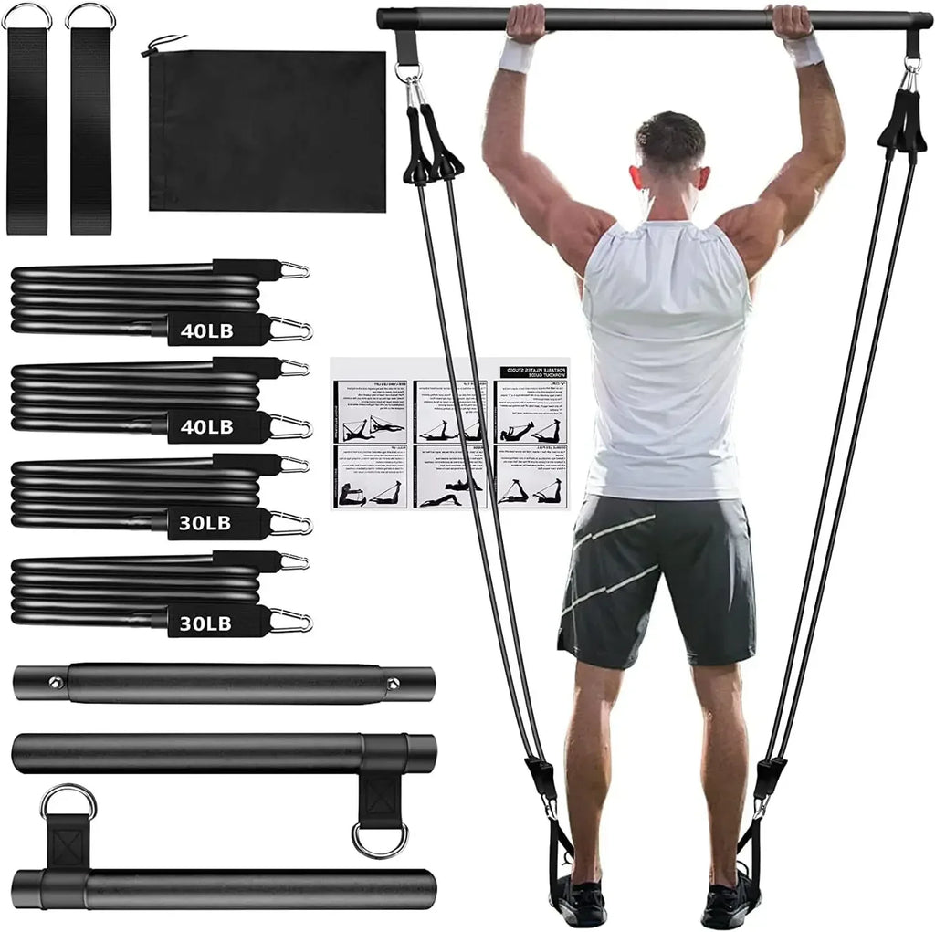 Portable Yoga Pilates Bar Stick with Resistance Band Home Gym Muscle Toning Bar Fitness Stretching Sports Body Workout Exercise