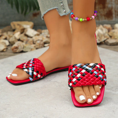 Women Slippers Summer Fashion Beach Mules Casual Indoor Home Slippers Selling Sexy Braided Square Toe Flat Sandals Slides Women