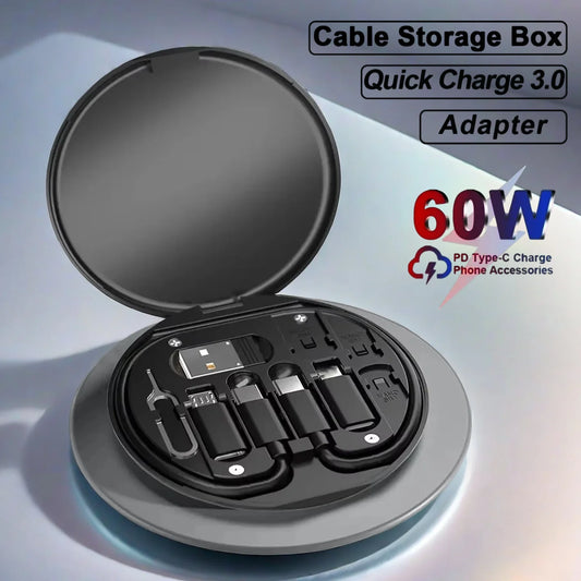 60W Fast Charging Mobile Phone Holder Multifunctional Portable Data Cable Storage Box Charging Cable Set For Traveling - Merit Sell