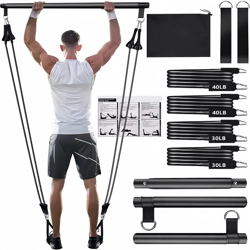 Portable Yoga Pilates Bar Stick with Resistance Band Home Gym Muscle Toning Bar Fitness Stretching Sports Body Workout Exercise