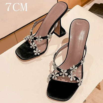 2024 New Summer Silver High Heels Women'S Crystal Flower Slippers Summer Beach Shoes