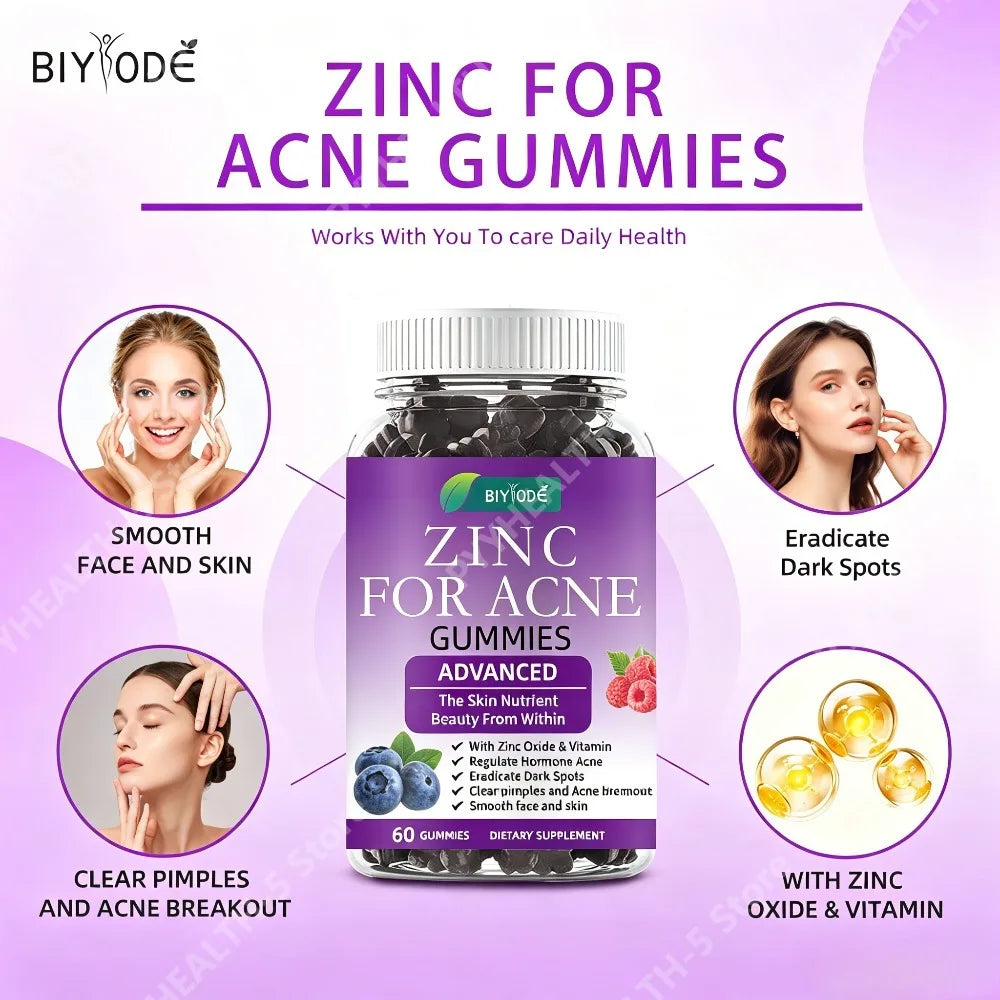 BIYODE Advanced Zinc Oxide Gummies with Vitamin A Retinyl Acetate and Vitamin C Ascorbic Acid, Smooth Face and Skin, 60 Gummies