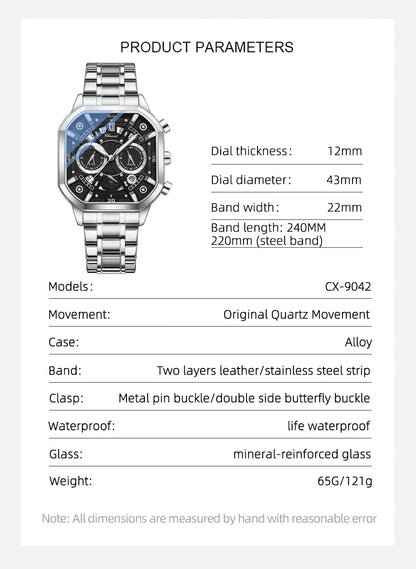 CHENXI High Quality Multifunctional Business Leisure Watches For Man Square Dial Leather Strap Quartz Wristwatches Clock Gifts