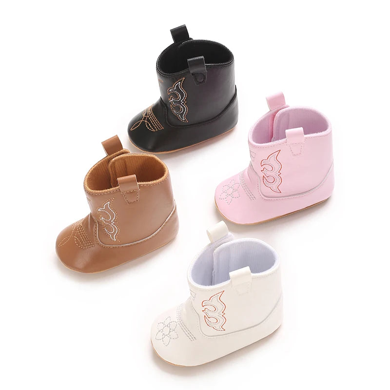 Leather Western Boots Cowboy Bootie Soft Sole Non-Slip Crib Shoes for Baby Infant Toddler Girls Boys Newborn