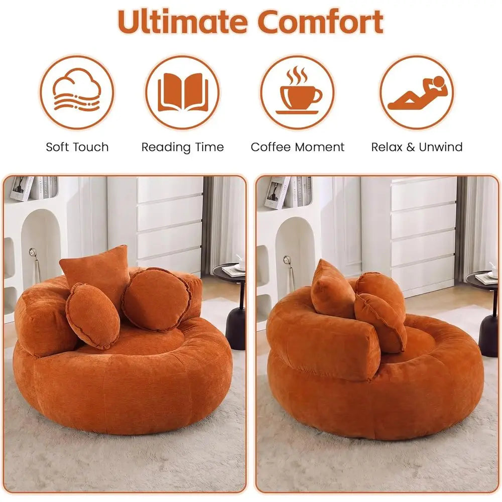 Oversized Round Sofa Chair in Orange Chenille, Deep Seated Cloud Couch, Bean Bag Accent Chair for Living and Bedroom