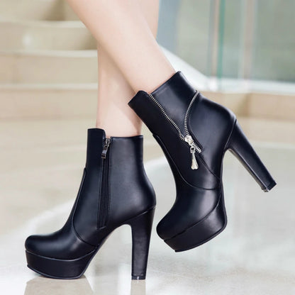 Fashion Women's Ankle Boots High Heels Platform Motorcycle Boot Zipper Yellow Black White Short Shoes Female Large Size 45 48