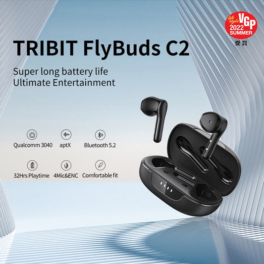 Tribit FlyBuds C2 Wireless Bluetooth Earphones 4 Mics Call Noise Canceling Crystal-Clear Calls Earbuds 32H Playtime Headphones