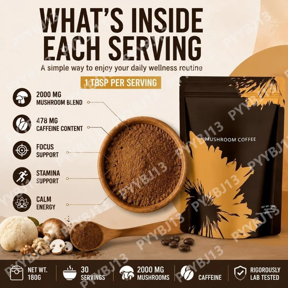 Mushroom Coffee Powder with Lion's Mane Reishi Cordyceps Blend Organic Instant Coffee for Focus Stamina Calm Energy 30 Servings
