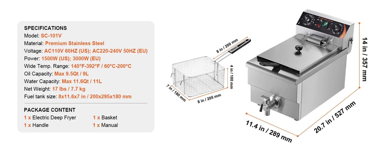 VEVOR Commercial Deep Fryer Electric Countertop Fryer with Basket 11.6Qt Stainless Steel Single Oil Fryer w/Time & Temp Control