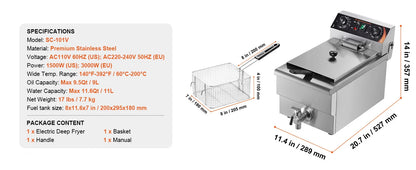 VEVOR Commercial Deep Fryer Electric Countertop Fryer with Basket 11.6Qt Stainless Steel Single Oil Fryer w/Time & Temp Control
