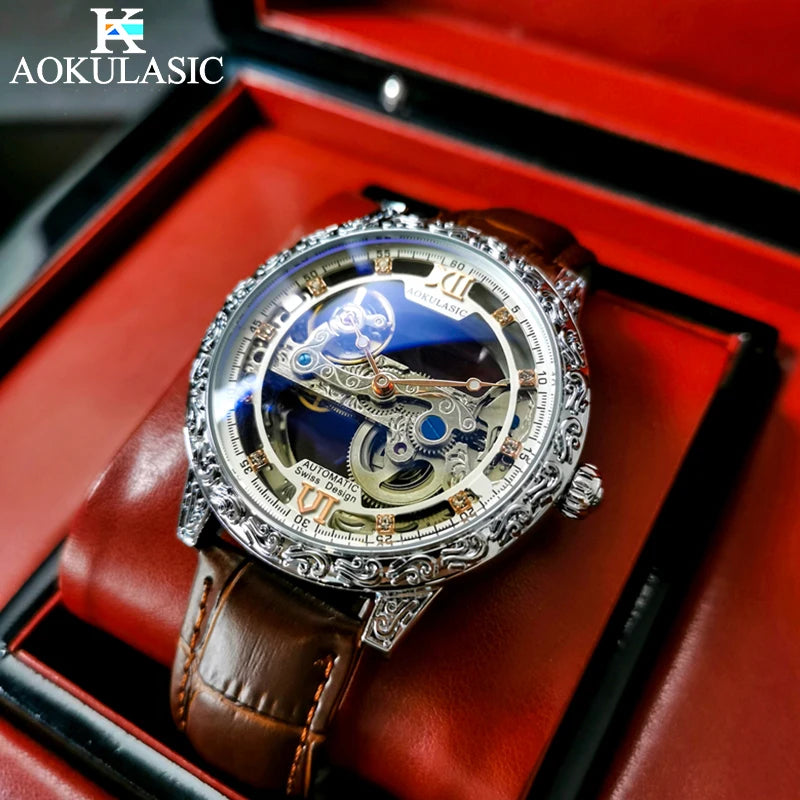 AOKULASIC Luxury Leather Men Automatic Machinery Watch Retro Dial Design Double-Sided Hollow Out Tourbillon Waterproof Men Watch